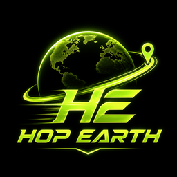 Hop Earth neon globe and route marker logo