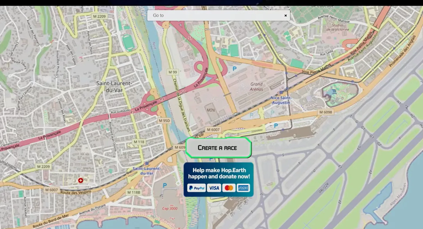Hop Earth map interface over Nice, France, with a location search field and Create a Race button