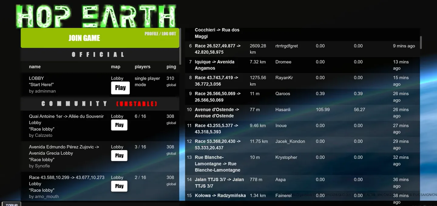 Hop Earth multiplayer lobby showing official and community race rooms with player counts and Play buttons