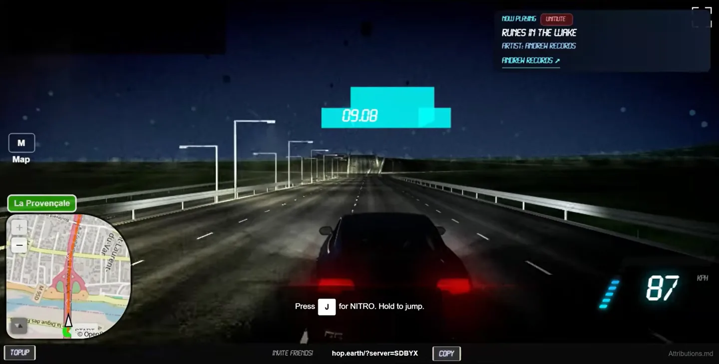 Hop Earth car driving at night on a generated highway with map, speed, nitro, and multiplayer interface visible